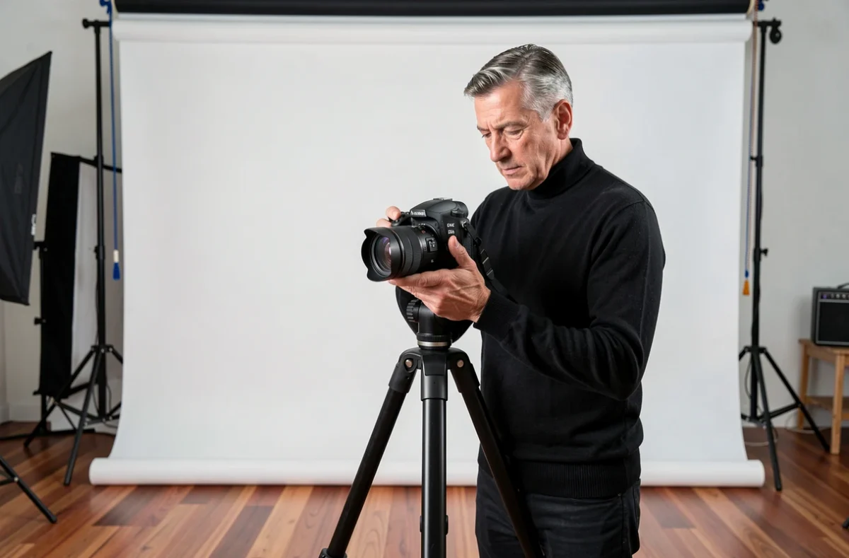 Un photographe de studio expérimenté en col roulé noir réglant son appareil photo sur trépied dans un studio professionnel, illustrant Photo Studio Patrice Merlaud