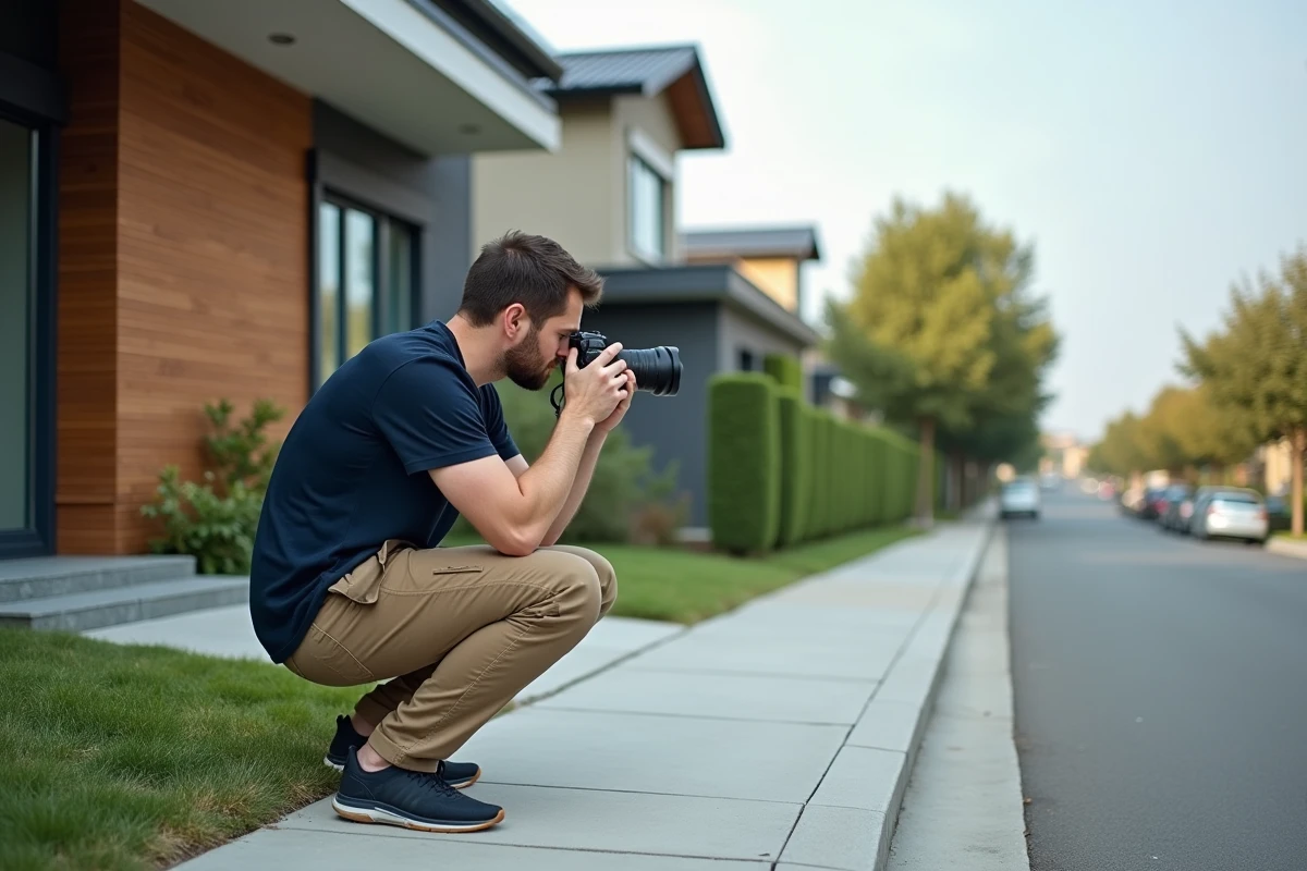 Photographe professionnel accroupi sur le trottoir en train de photographier une maison moderne, question du droit à l'image des propriétés privées