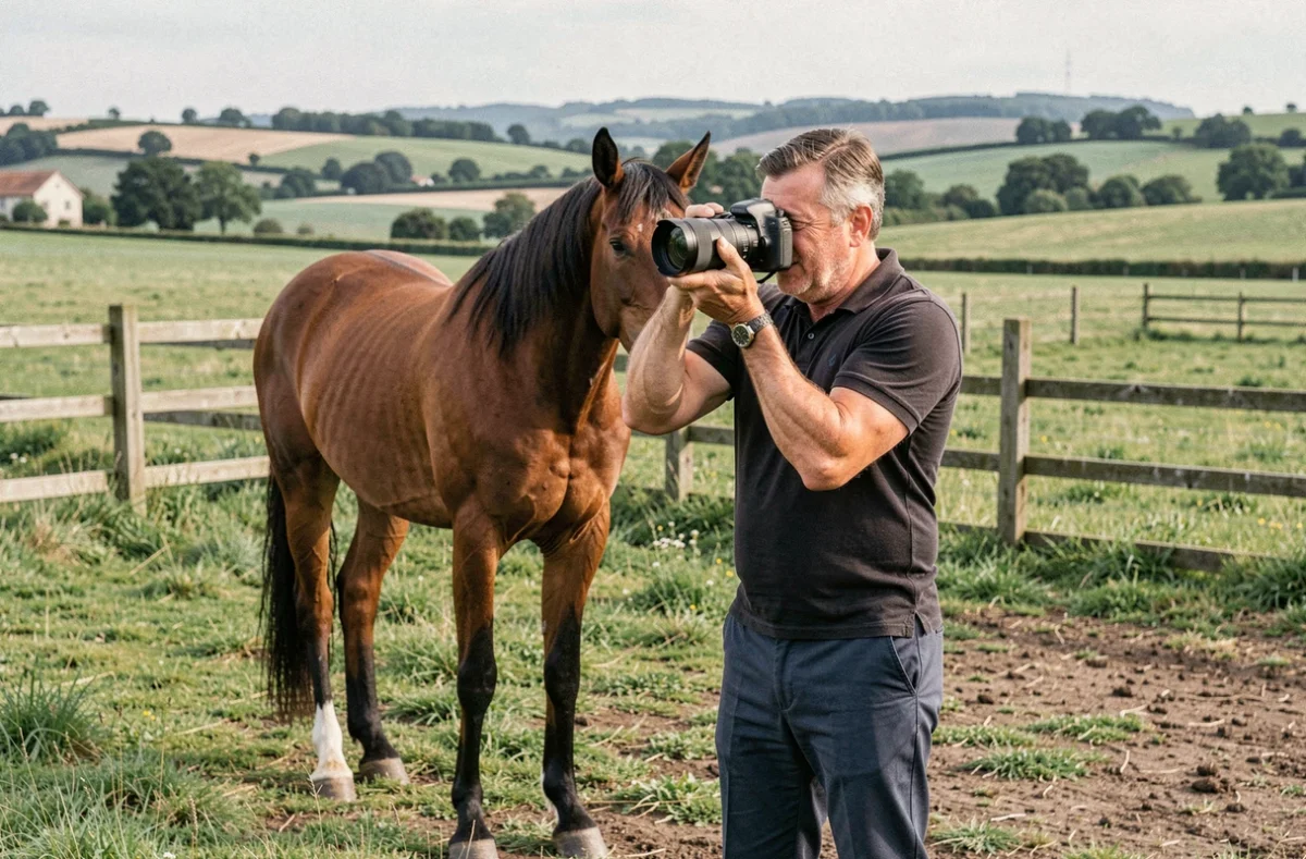 Un photographe en action photographiant un cheval dans un paddock de la campagne girondine, représentant Photos Equivox