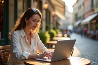 Femme planifiant un voyage en ligne sur un ordinateur portable dans un café en terrasse européenne