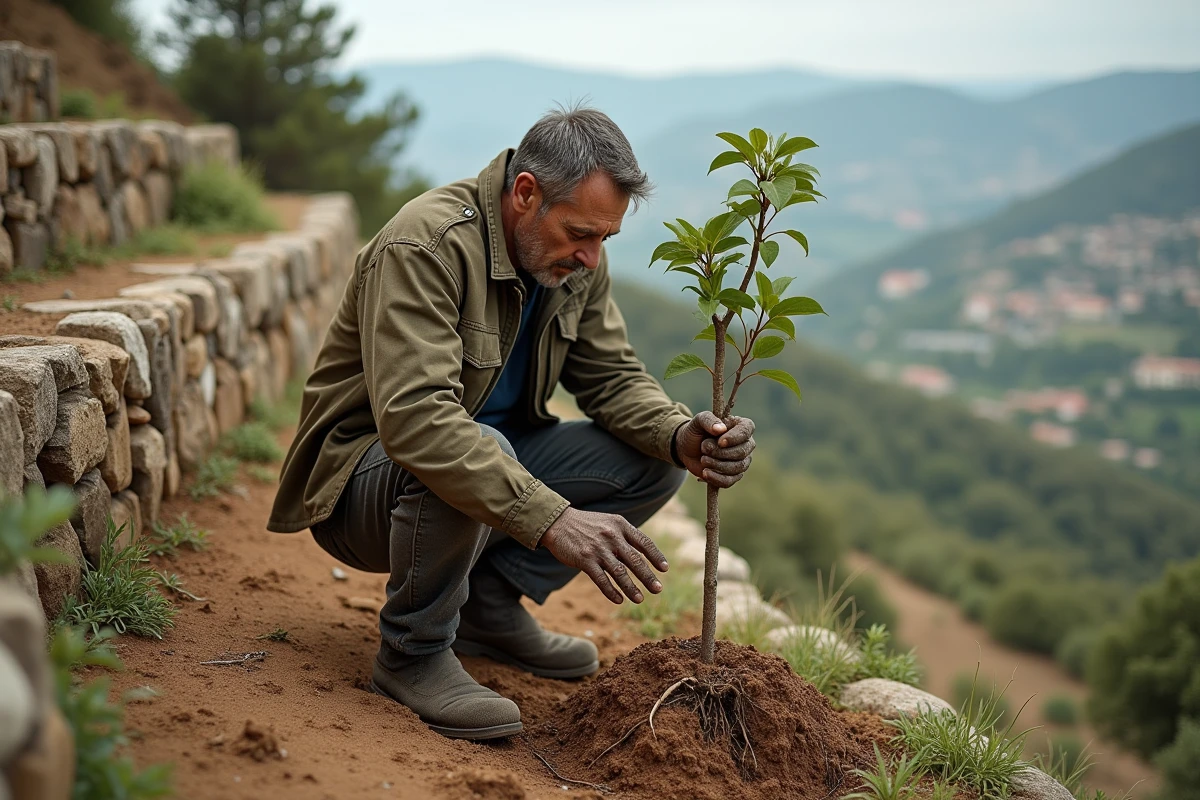 Agriculteur inspectant un jeune poirier planté sur une terrasse en pierre dans un paysage méditerranéen vallonné