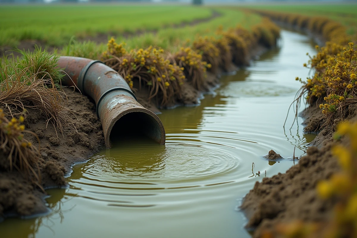 Ruisseau agricole pollué par des rejets chimiques et des pesticides, montrant la contamination des eaux due aux pratiques agricoles intensives