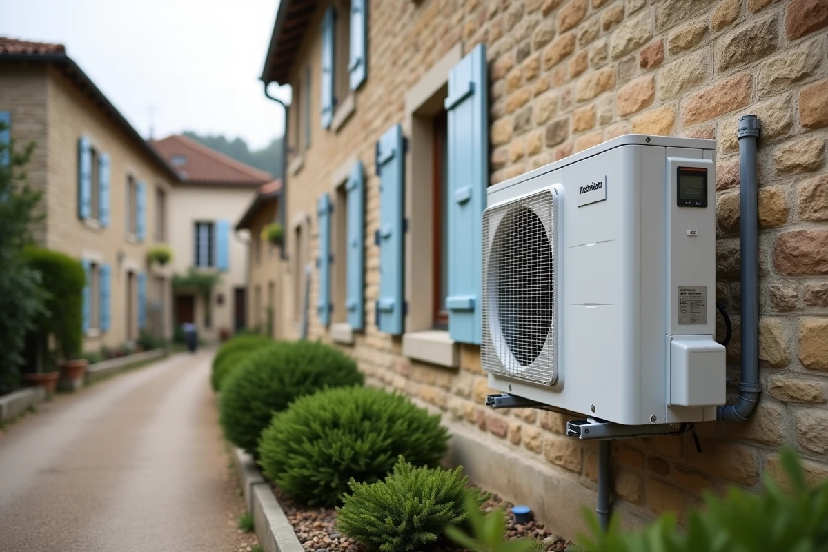 Pompe à chaleur installée sur le mur extérieur d'une maison en pierre de village français pour améliorer le DPE