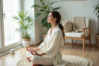 Femme en robe de lin pratiquant la méditation dans un salon minimaliste scandinave, illustrant le concept de prendre soin de soi