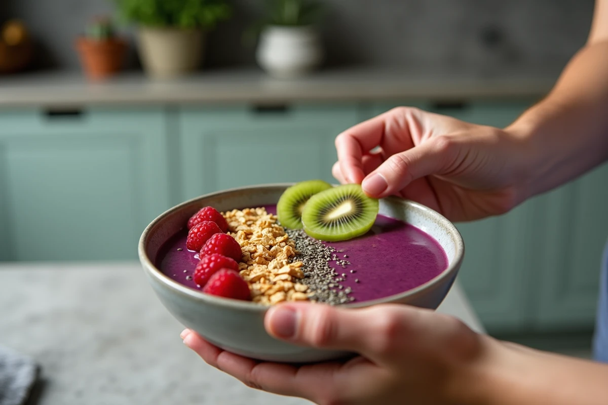 Mains préparant un bol d'açaï avec fruits frais, granola, graines de chanvre et beurre d'amande dans une cuisine moderne