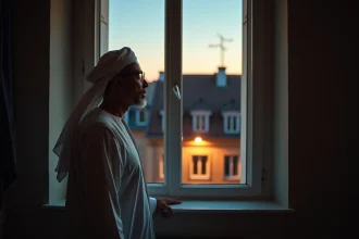 Homme musulman regardant le ciel au crépuscule depuis une fenêtre à Compiègne, attendant l'heure de la prière du Maghrib