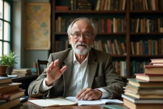 Professeur âgé aux lunettes argentées assis à un bureau encombré de livres dans un bureau universitaire, illustrant la philosophie de l'éducation de Paulo Freire