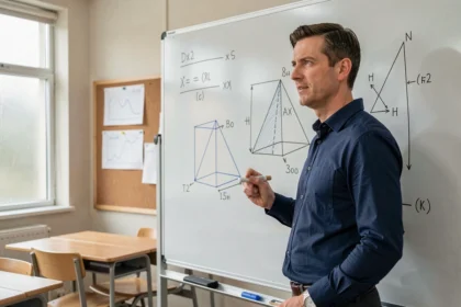 Professeur de mathématiques devant un tableau blanc avec des schémas 3D de pyramide et prisme triangulaire illustrant le calcul de volume