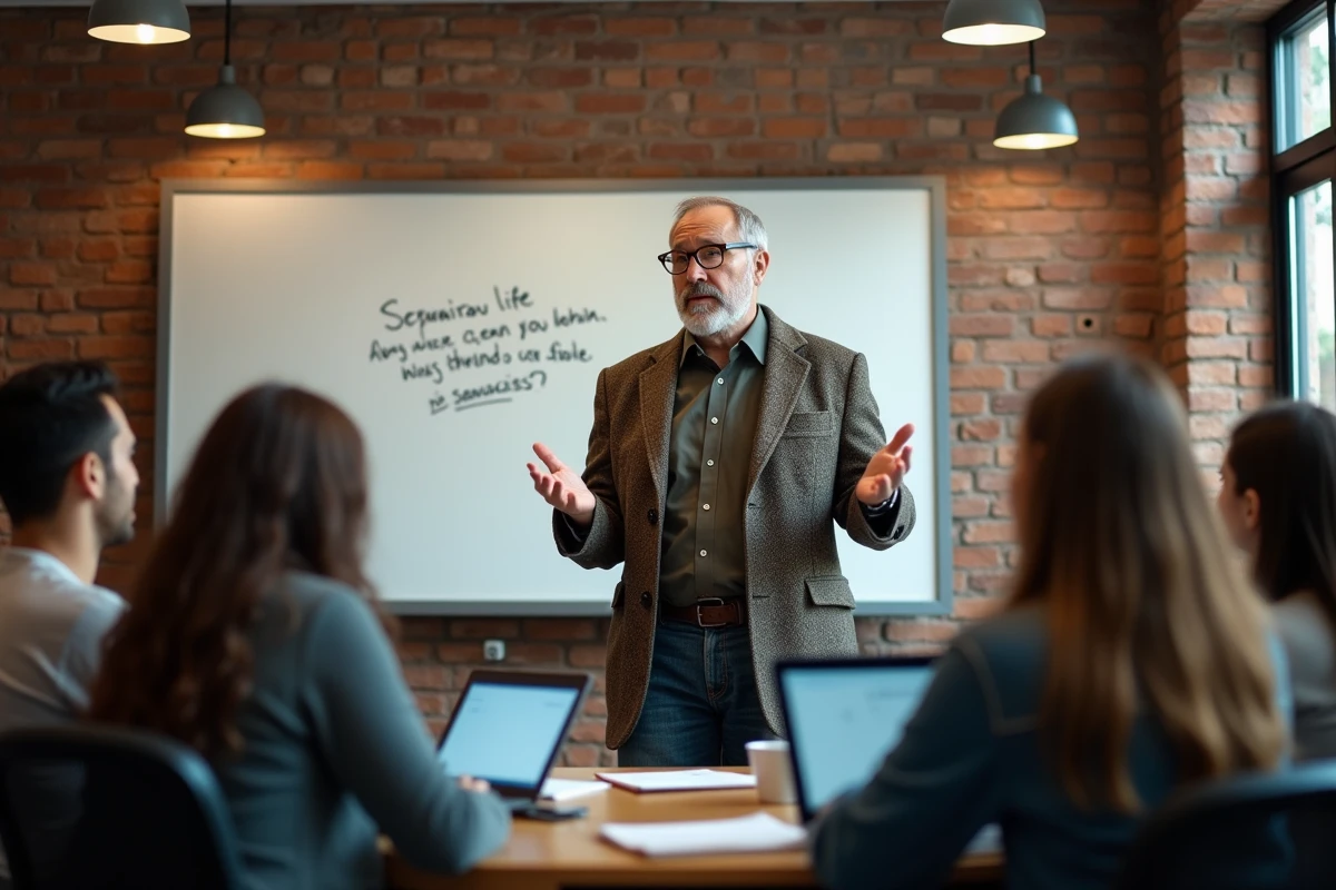 Professeur expérimenté partageant une citation sur l'éducation avec des étudiants en séminaire