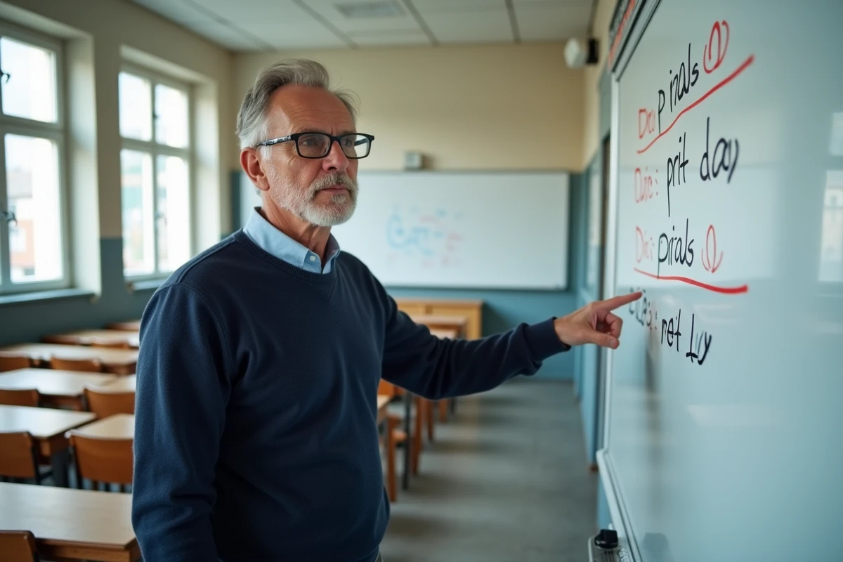 Professeur expliquant la différence entre prit et pris sur un tableau blanc en salle de classe