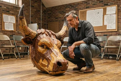 Professeur de théâtre scolaire examinant un masque de minotaure en papier mâché sur une scène de répétition
