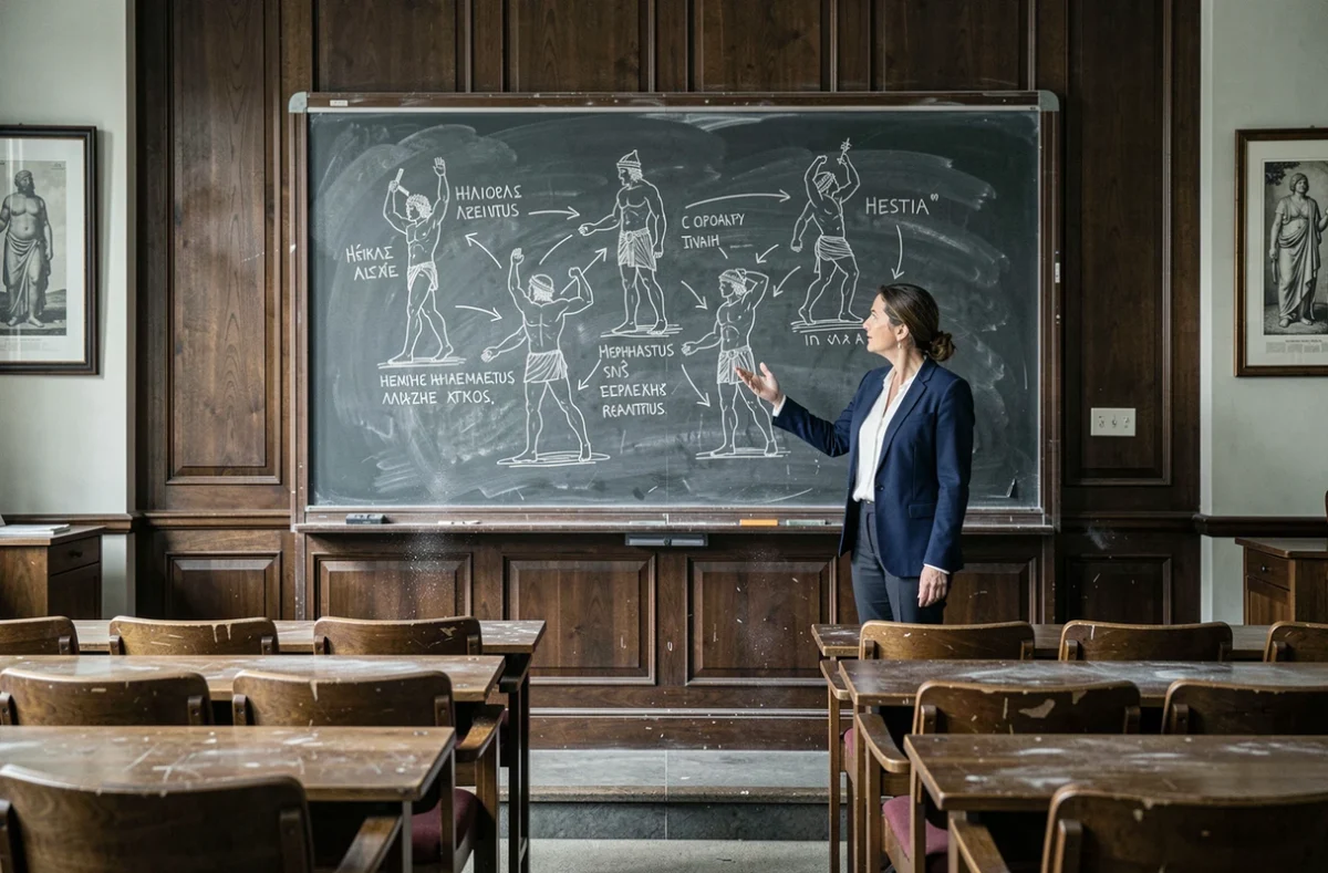 Professeure devant un tableau noir avec un schéma expliquant les dieux grecs du feu Héphaïstos Prométhée et Hestia dans un amphithéâtre universitaire