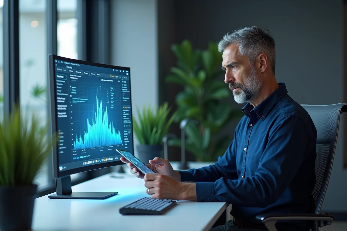 Professionnel travaillant sur une interface de visualisation de données dans un bureau moderne