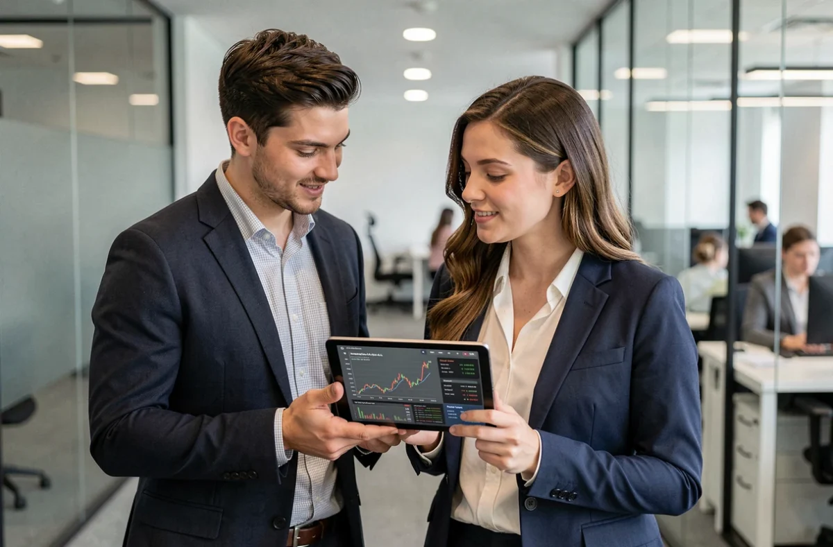 Deux jeunes professionnels consultant des données économiques sur une tablette dans un open-space moderne