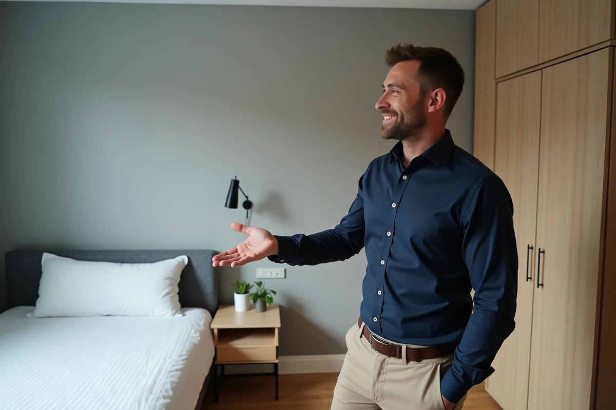 Propriétaire présentant une chambre meublée à louer pour amortir son loyer