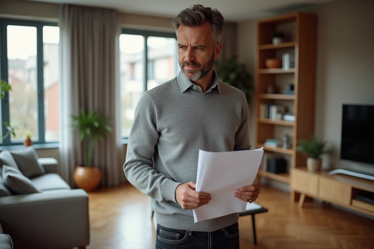 Propriétaire examinant un rapport d'estimation immobilière dans son appartement