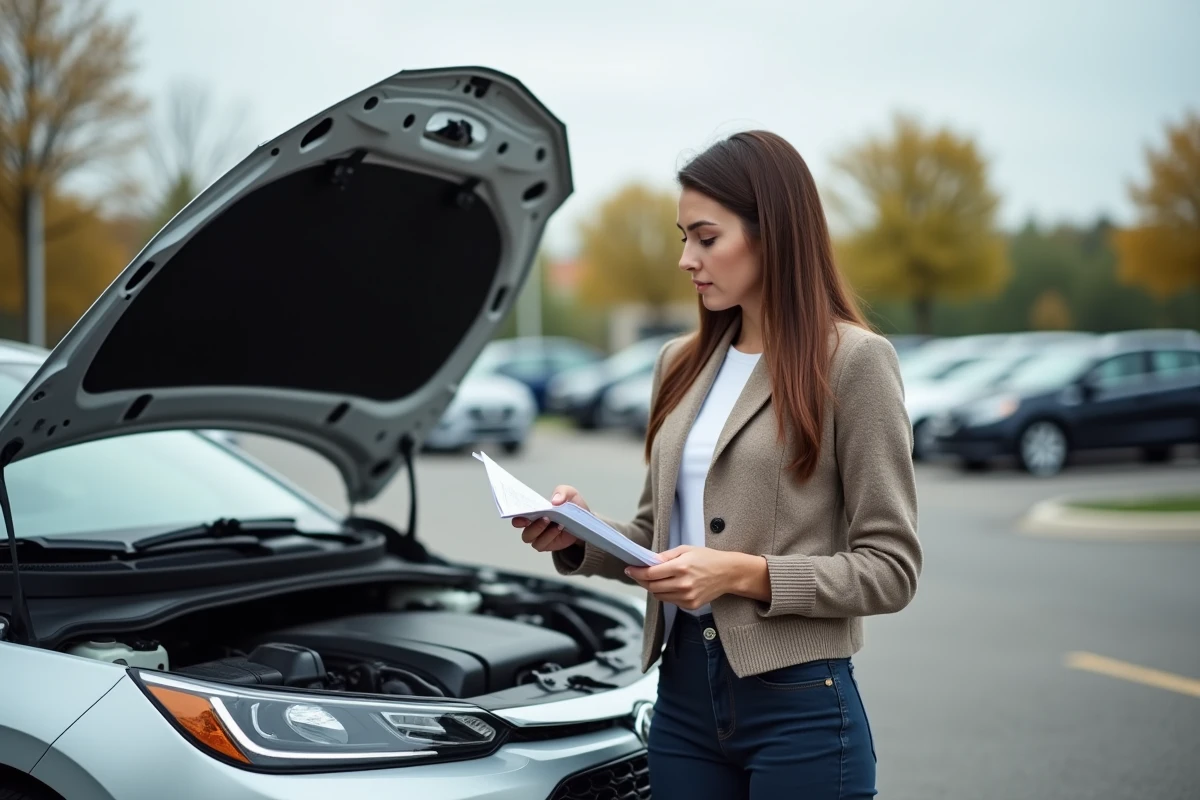 Femme propriétaire de voiture hybride consultant le carnet d'entretien devant son véhicule