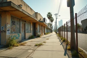 Rue dégradée d'un quartier défavorisé de Los Angeles avec des commerces abandonnés et des graffitis sur les murs