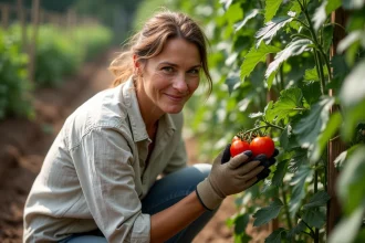 Femme qui récolte des tomates mûres dans un potager ensoleillé entouré de légumes du soleil comme courgettes et poivrons