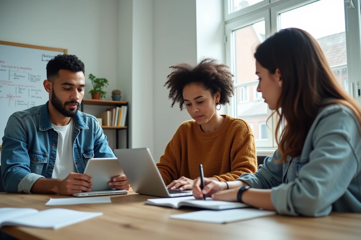 Groupe d'adultes en reconversion professionnelle apprenant le codage, illustrant l'adaptation au progrès technique et à l'automatisation
