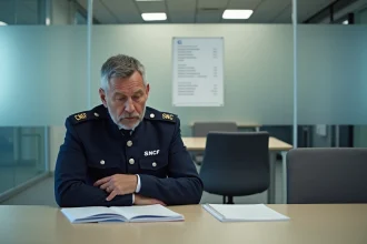 Recruteur SNCF assis seul face à une chaise vide lors d'un entretien d'embauche, illustrant les difficultés de recrutement de la SNCF
