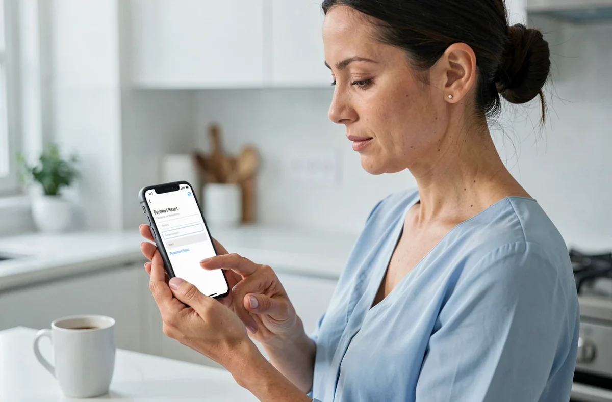 Femme réinitialisant son mot de passe sur smartphone pour récupérer l'accès à son compte membre