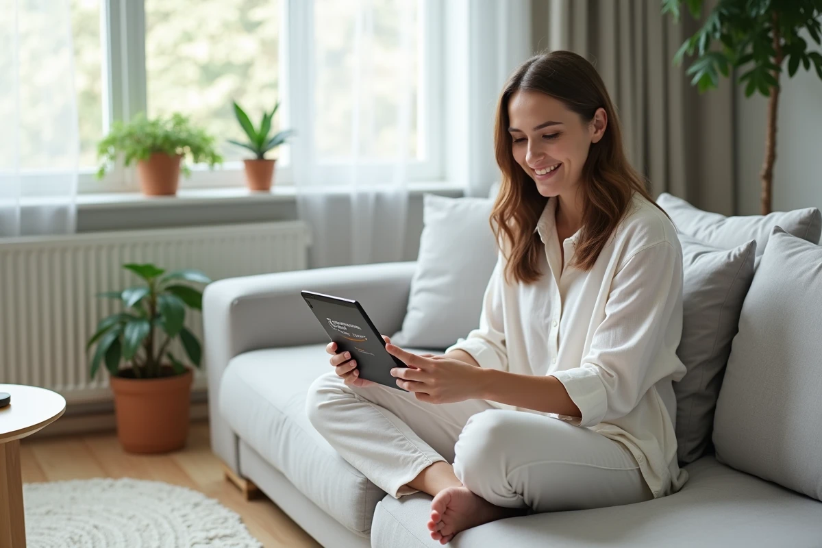 Jeune femme souriante après avoir obtenu un remboursement Amazon Prime sur sa tablette dans un salon minimaliste