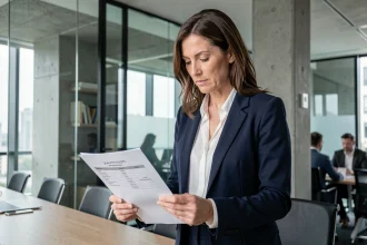 Responsable qualité féminine examinant un document d'audit IRIS02 dans une salle de réunion moderne