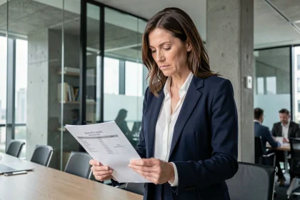 Responsable qualité féminine examinant un document d'audit IRIS02 dans une salle de réunion moderne