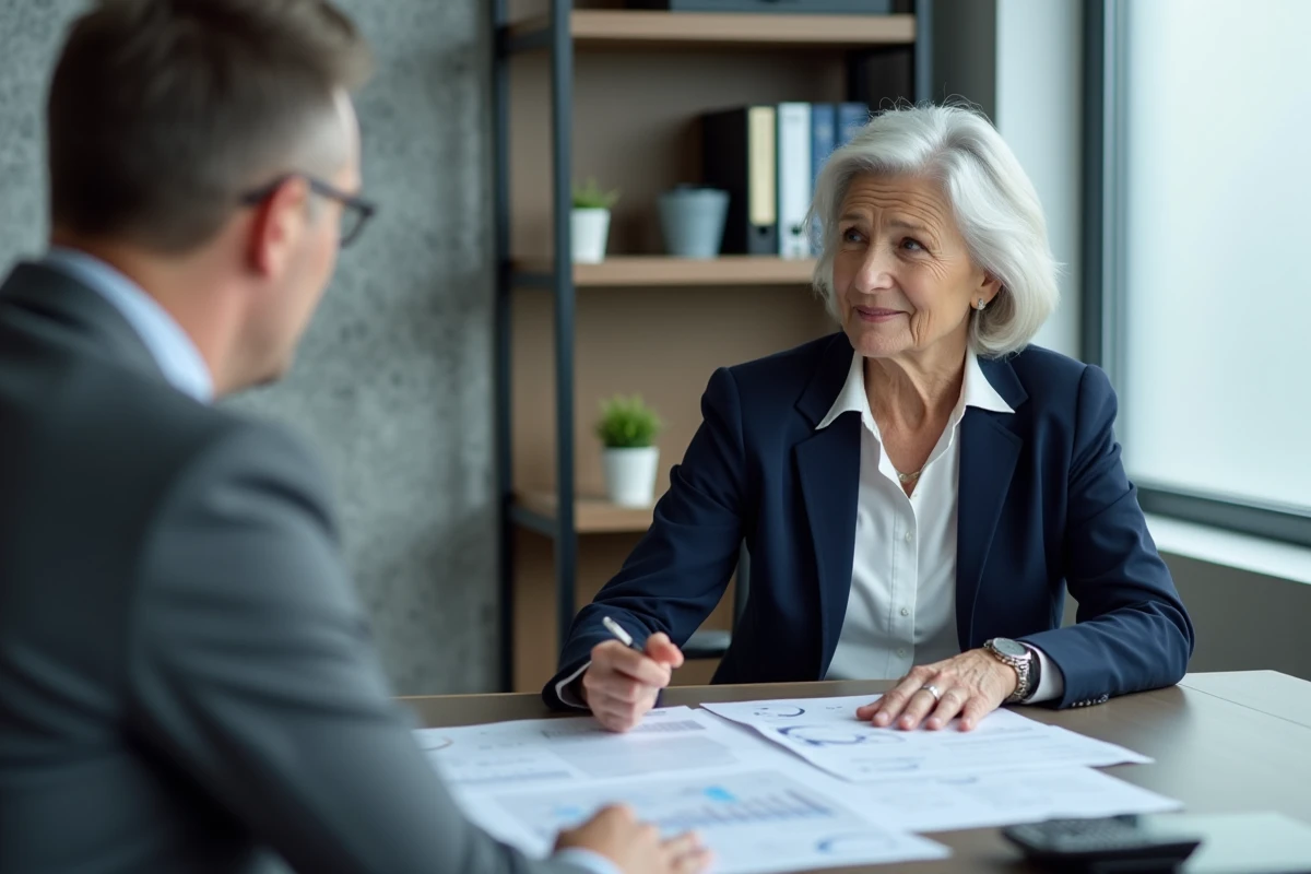 Femme retraitée en rendez-vous avec un conseiller financier pour planifier le montant de sa retraite confortable