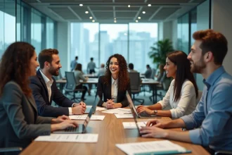 Groupe de professionnels diversifiés en réunion d'entreprise autour d'une table de conférence moderne