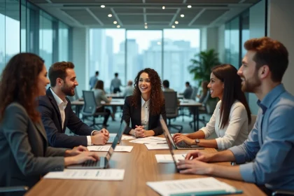 Groupe de professionnels diversifiés en réunion d'entreprise autour d'une table de conférence moderne