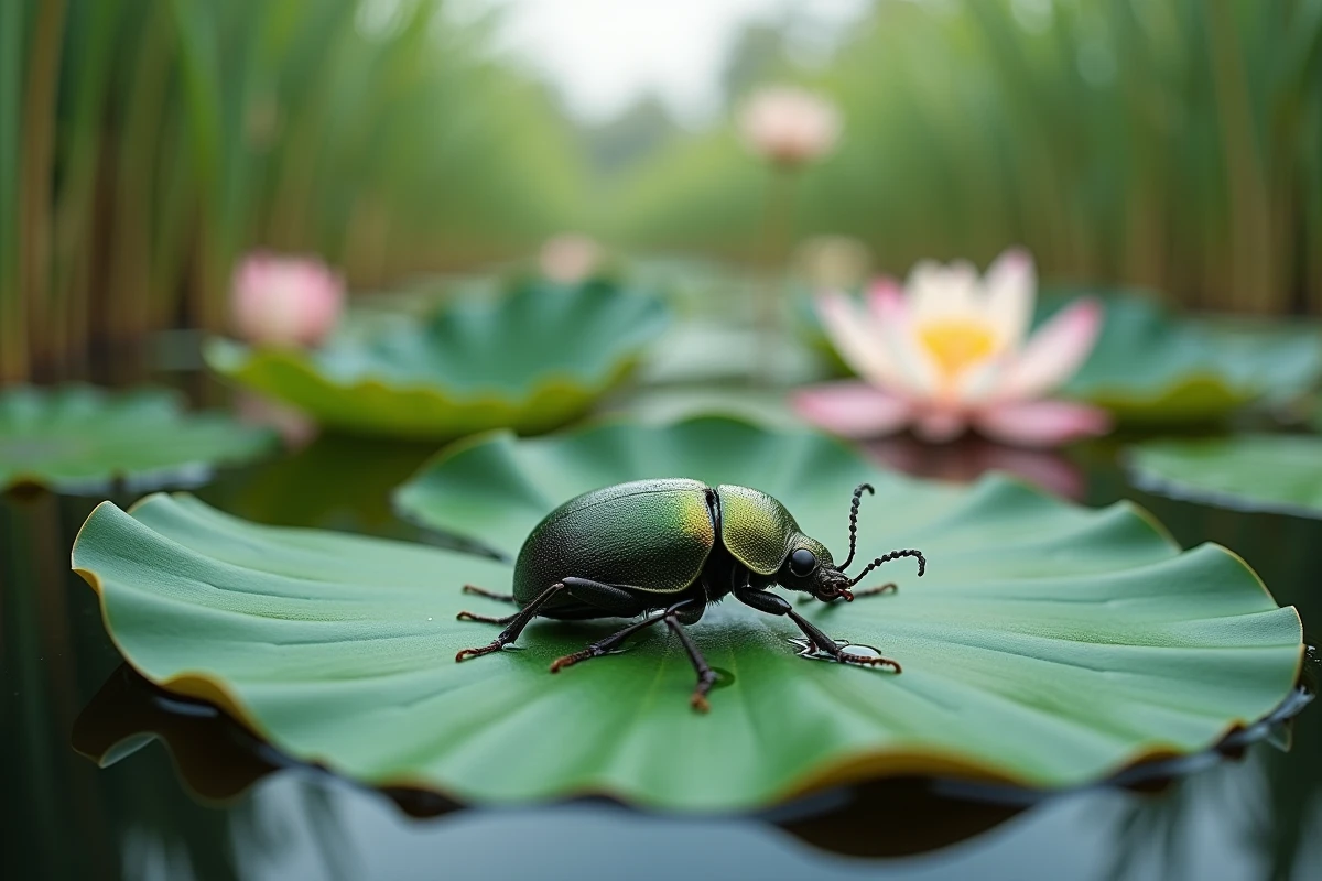 Scarabée vivant sur une feuille de lotus flottant dans un étang paisible, nature symbolique et spiritualité du chemin d'âme