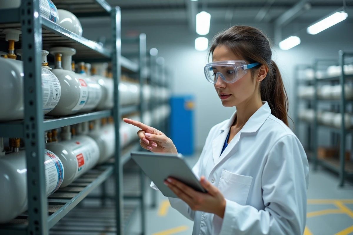 Scientifique analysant des données de sécurité près de réservoirs d'hydrogène en laboratoire