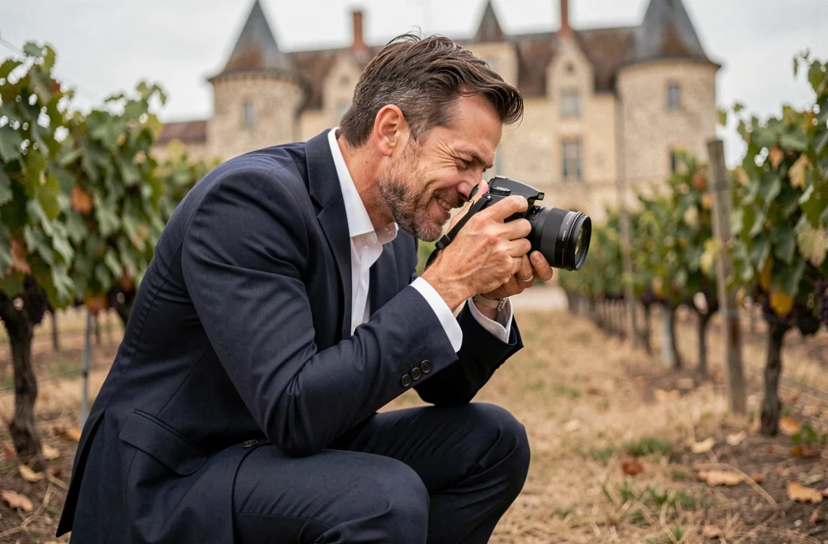 Un photographe de mariage en costume marine capturant des photos lors d'une cérémonie en plein air dans un domaine viticole bordelais