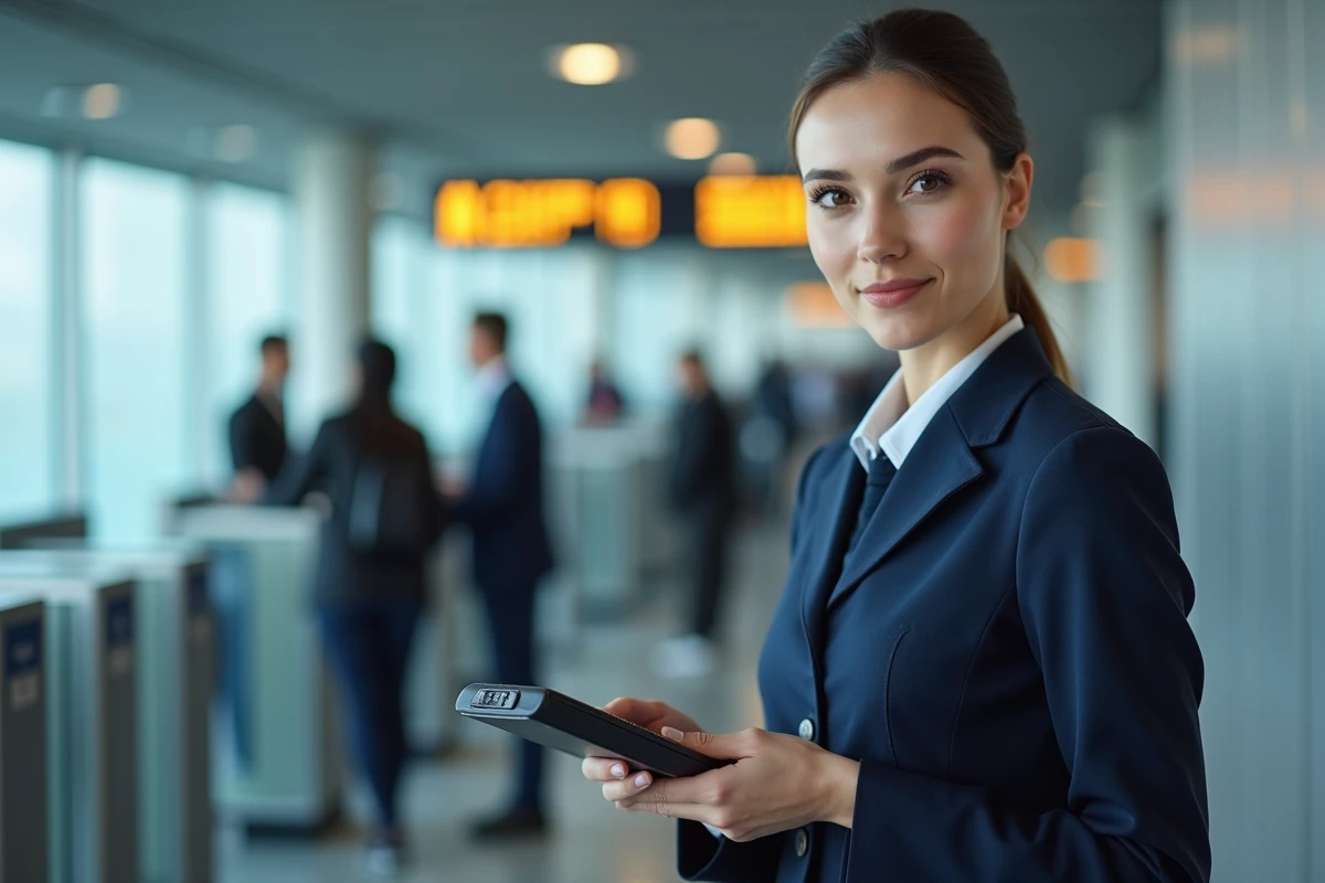 Agente de sécurité aéroportuaire utilisant un dispositif de reconnaissance faciale pour contrôler les passagers dans un aéroport modernisé