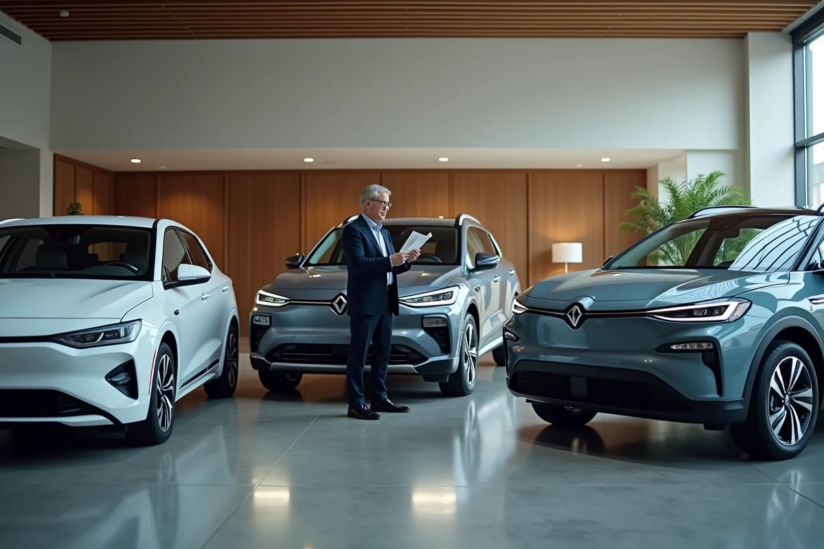 Showroom automobile avec plusieurs modèles hybrides et électriques, comparatif voitures 2026