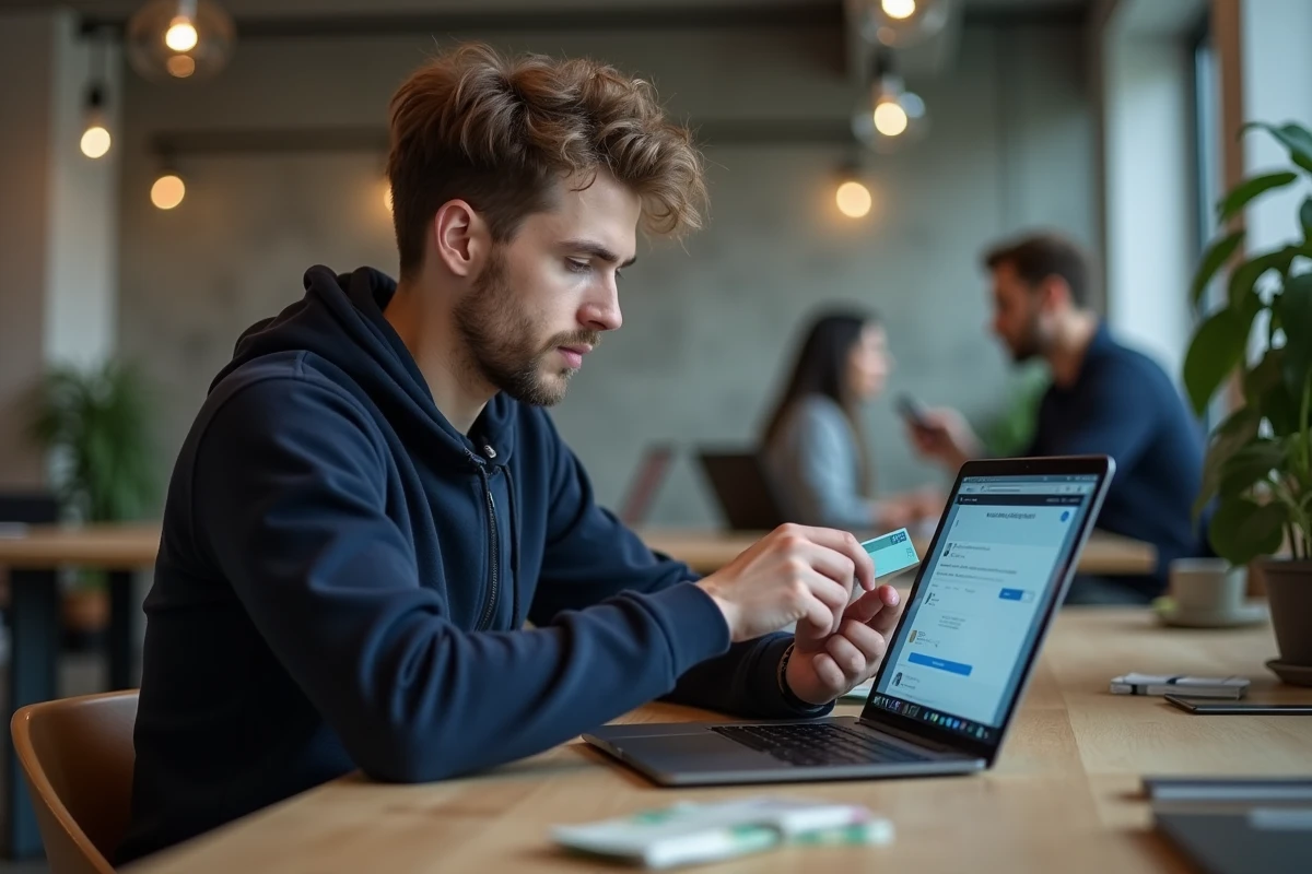 Jeune homme comparant billets en euros et application bancaire numérique dans un espace de coworking, évoquant la transition vers une société sans cash
