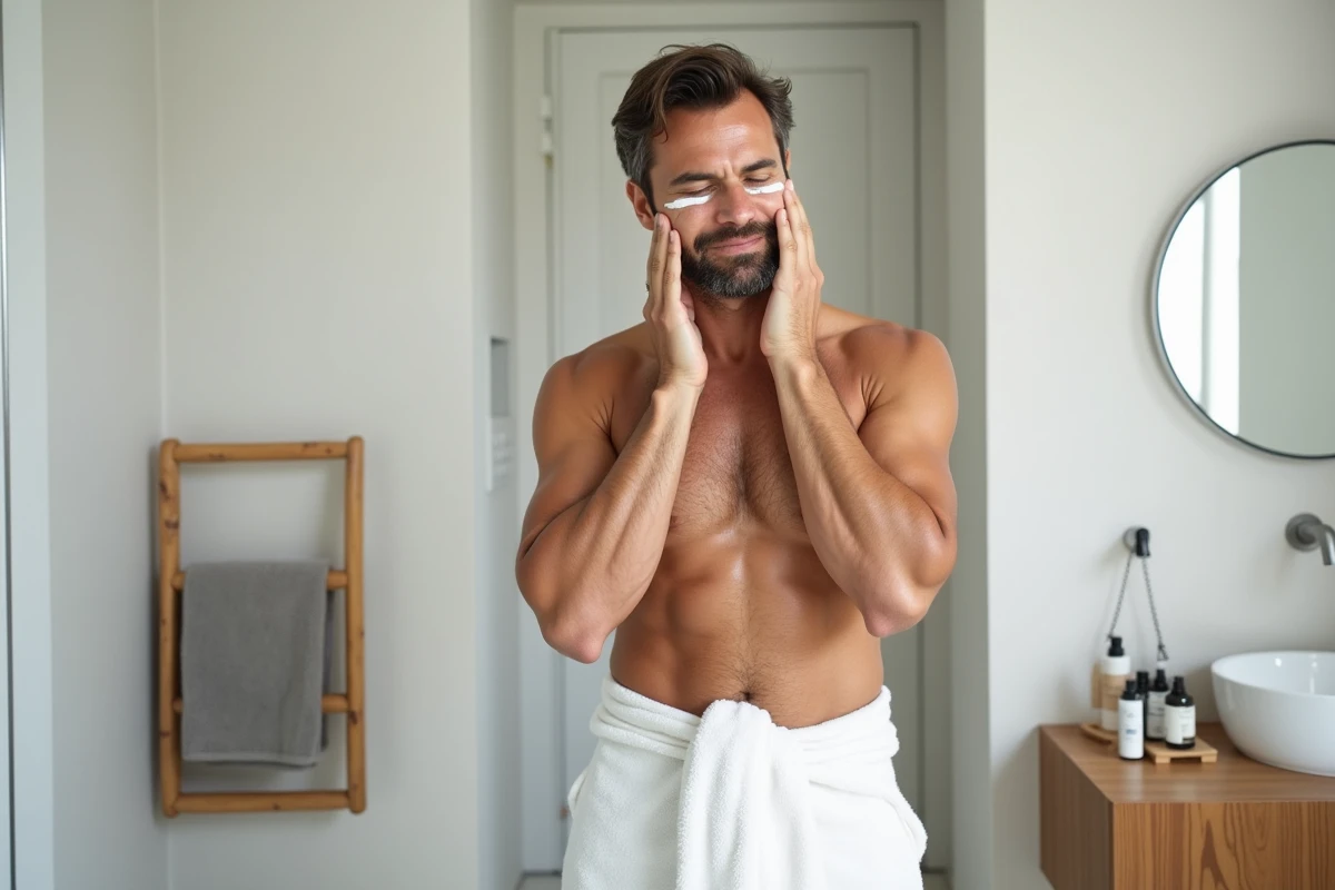 Homme appliquant une crème hydratante dans une salle de bain moderne, représentant le soin de soi masculin et les rituels beauté quotidiens
