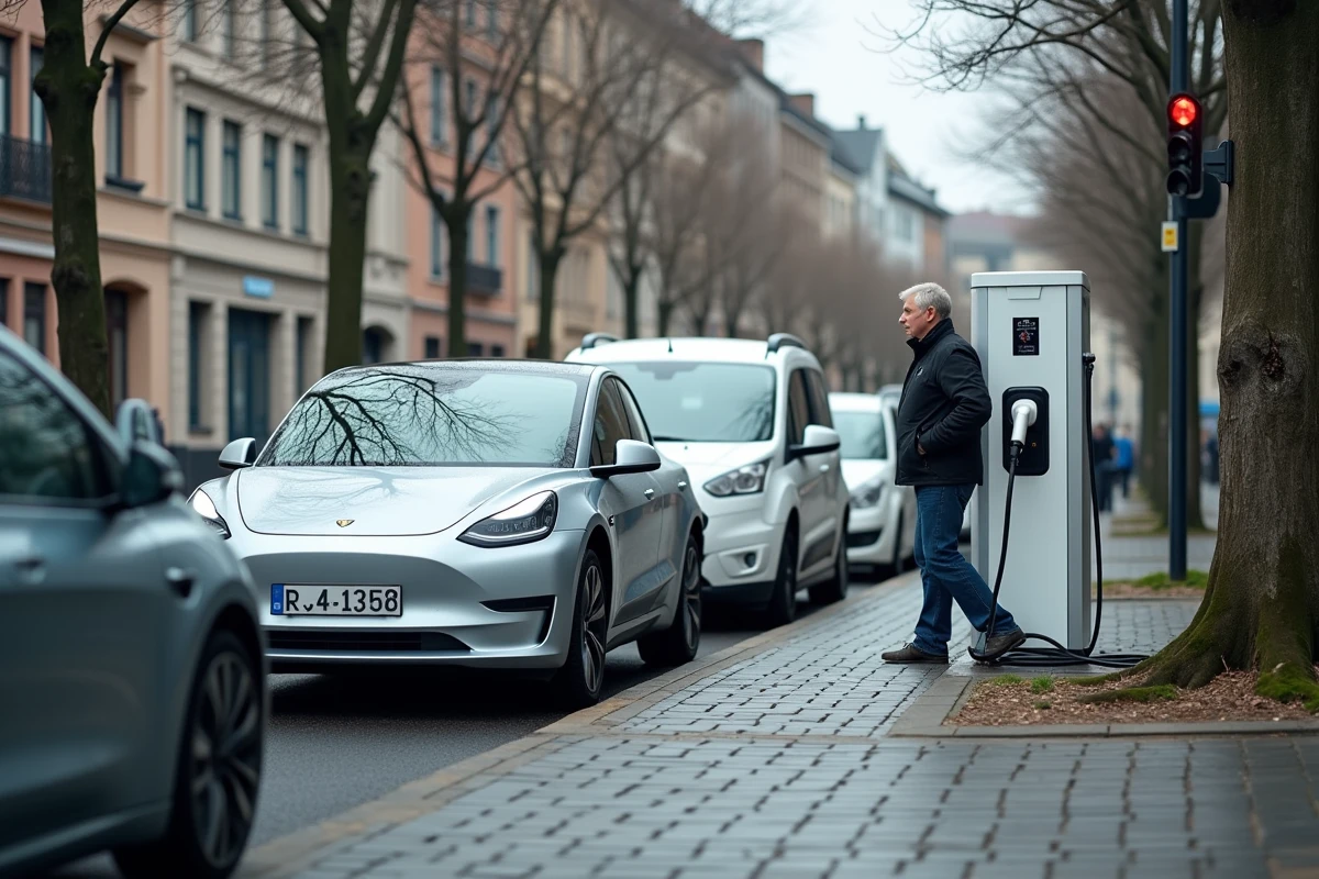 Station de recharge rapide pour véhicules électriques en milieu urbain avec plusieurs voitures branchées