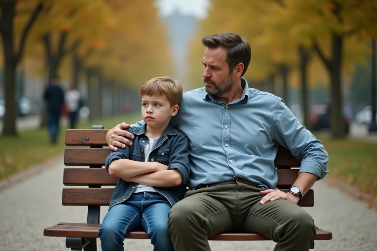 Père et fils assis sur un banc de parc illustrant un style parental autoritaire et strict