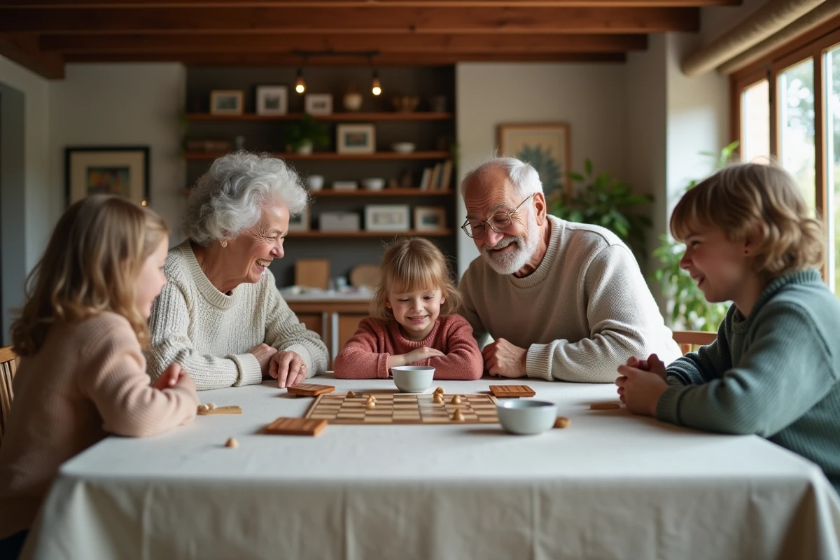 Grands-parents et petits-enfants jouant ensemble à table illustrant différents styles parentaux permissifs et bienveillants