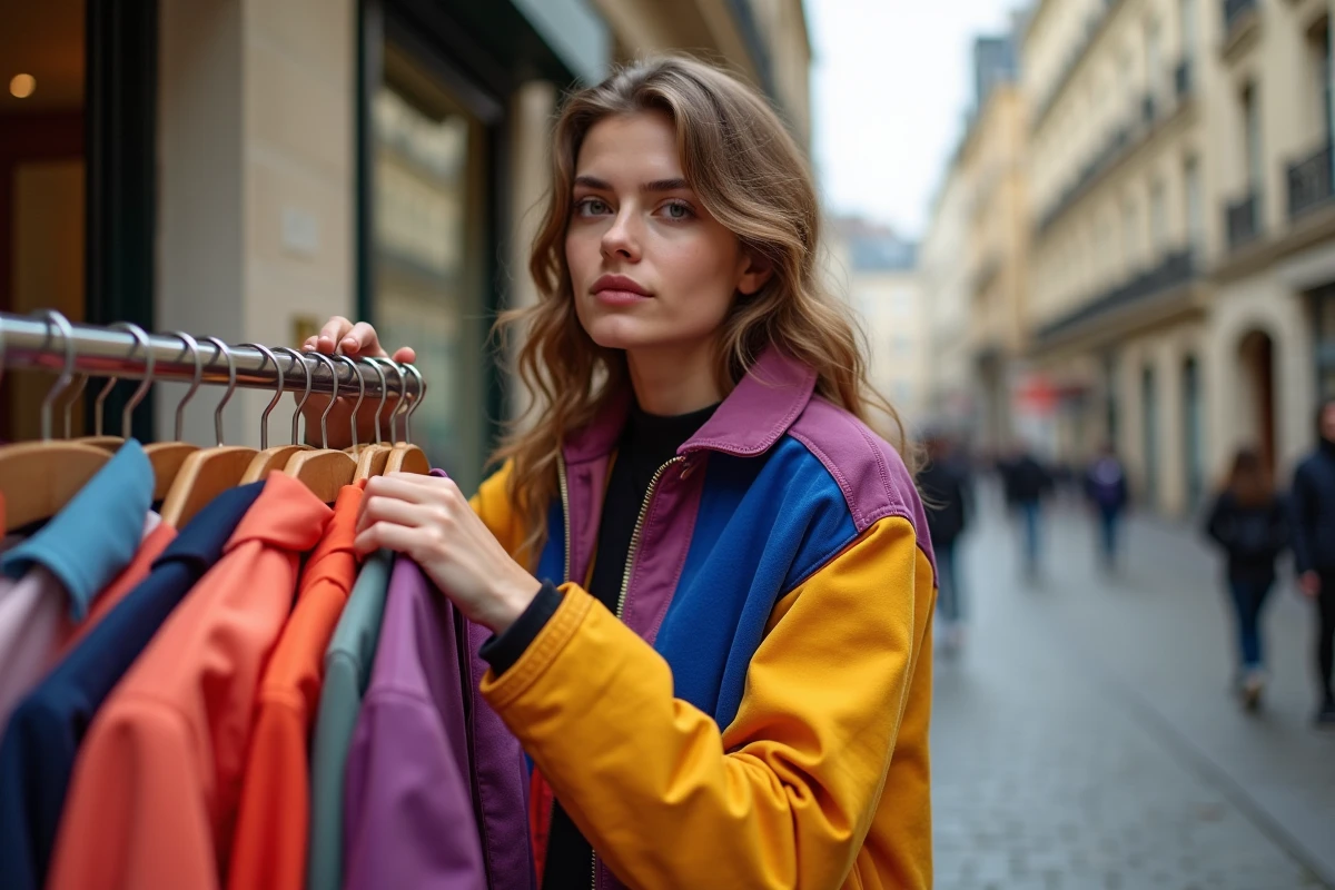 Styliste de mode non-binaire arrangeant un portant de vêtements colorés dans une rue pavée parisienne, portant une veste patchwork aux couleurs vives