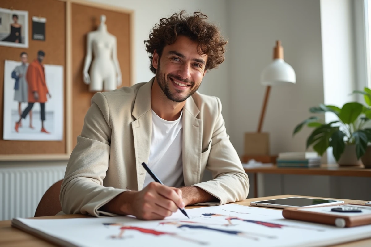 Styliste de mode dessinant des croquis de collections dans un studio de création contemporain