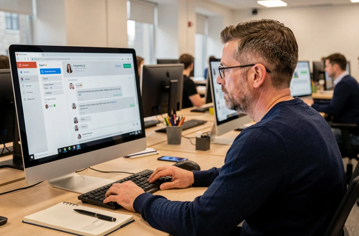 Homme utilisant le chat support en ligne pour résoudre un problème d'accès bloqué à son espace membre