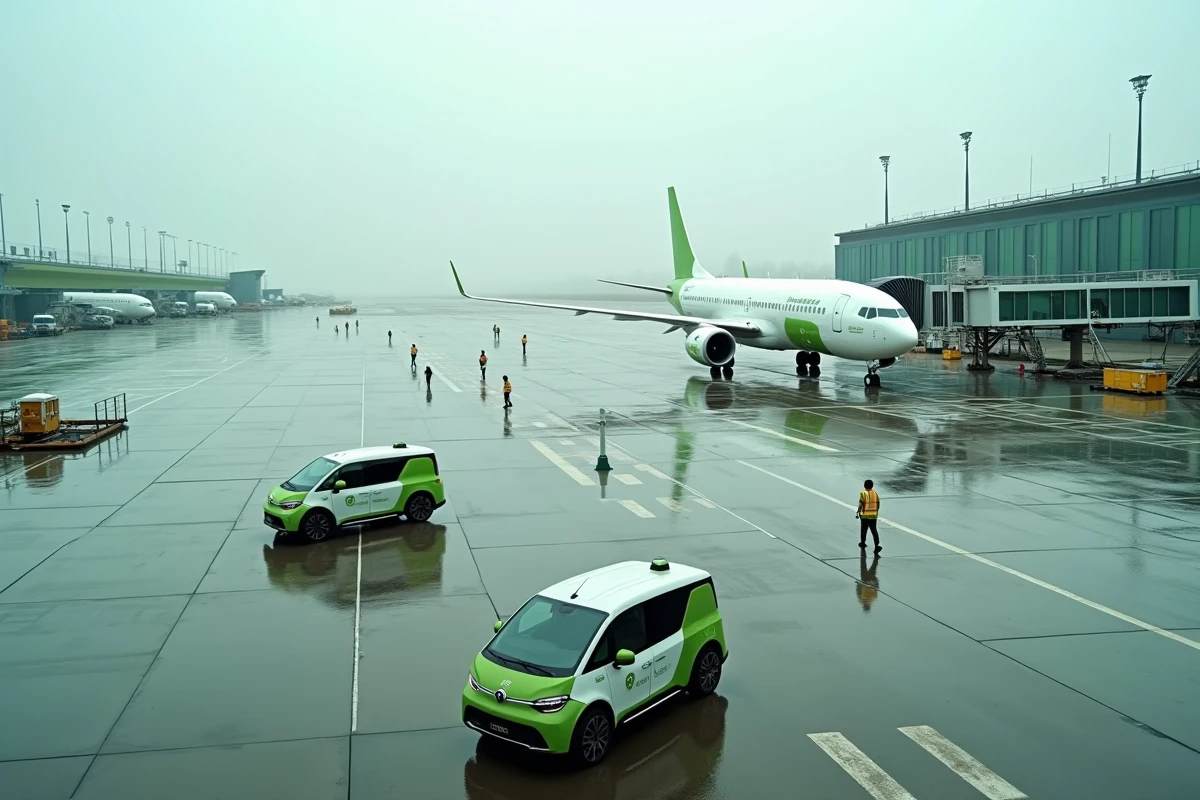 Vue aérienne du tarmac d'un aéroport du futur avec véhicules électriques de piste et installations durables en 2026