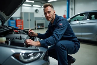 Technicien automobile inspectant le moteur hybride d'un véhicule dans un atelier moderne