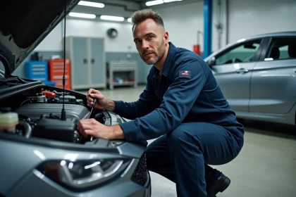 Technicien automobile inspectant le moteur hybride d'un véhicule dans un atelier moderne