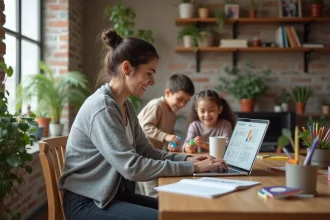 Mère télétravaillant depuis son bureau à domicile pendant que ses enfants jouent près d'elle, illustrant l'équilibre entre vie professionnelle et vie de famille