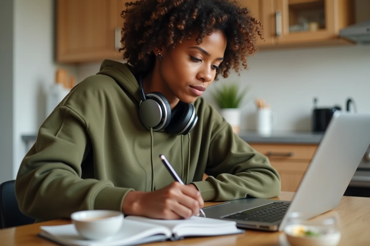 Jeune femme en télétravail depuis sa cuisine avec écouteurs et agenda papier, bonne organisation du travail à distance